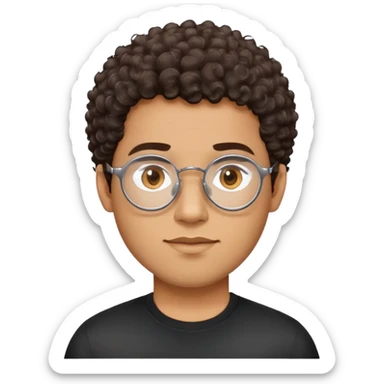 Man with oval face, large oval metallic glasses, short dark curly hair with high fade, neutral-friendly expression, light brown skin, wearing a black shirt sticker
