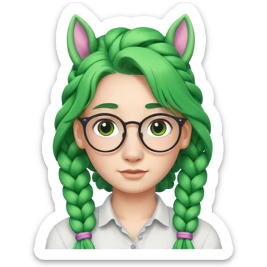braided unicorn wiith big visible braids looking into the camera spectacled green hair and no ears sticker