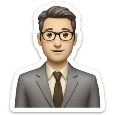 Full height Pale skinned Fit Man With dark brown hair in classic gray suit, beige office shirt, dark gray tie, and vintage glasses. His hands lock sticker