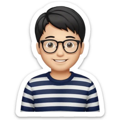 asian man with black curtains styled hair in striped sweater standing smiling and in glasses sticker