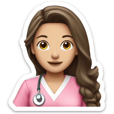 pretty brunette nurse with long hair in pink scrubs sticker