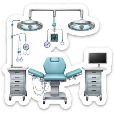 A surgical room setup with overhead lights and sterile instrument table.
 sticker