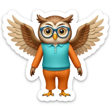 friendly anthropomorphised owl with wings instead of arms, colourful pants and shirt, wearing glasses, walking upright, unique pose 2 sticker