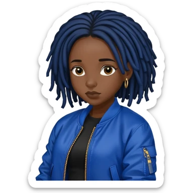 Black girl with black hair locs in black dress and royal blue bomber jacket sticker