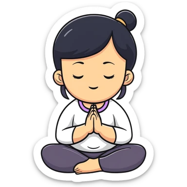 White girl with black hair in meditation pose, peaceful self care wellness moment sticker