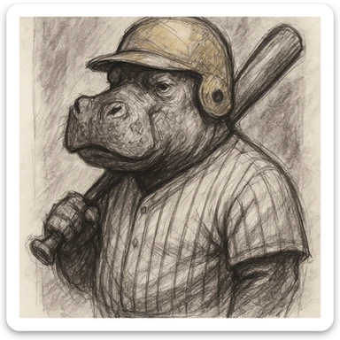 hippo holding a baseball bat, wearing a yellow helmet, pinstripes outfit sticker