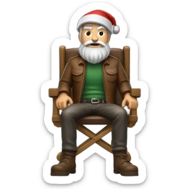 biff wiff short santa beard wearing a brown leather jacket and a paddy cap sitting in a folding directors chair looking angry(full body, ios17) sticker