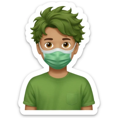A teenage boy, tanned, wearing a green t-shirt , blue jeans and green sneakers with brown wavy tousled hair, , wearing a green cloth face mask sticker
