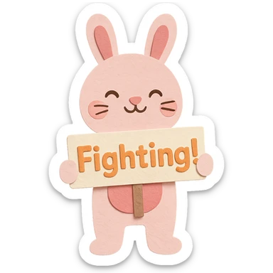 Make sure the paper-craft style full-body rosy bunny holding the 'Fighting!' signboard has smooth, uncracked hands. Keep the signboard and the rest of the design the same. sticker