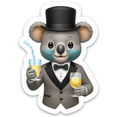 koala wearing suit, bowtie and top hat, holding glass of water sticker