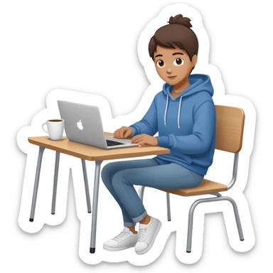 A flat-style illustration of a college-age student sitting at a desk with an open laptop and a coffee cup. The student wears casual adult clothing like jeans and a hoodie, with a tote bag on the side. Clean, modern cartoon style, white background, iOS emoji aesthetic.

 sticker