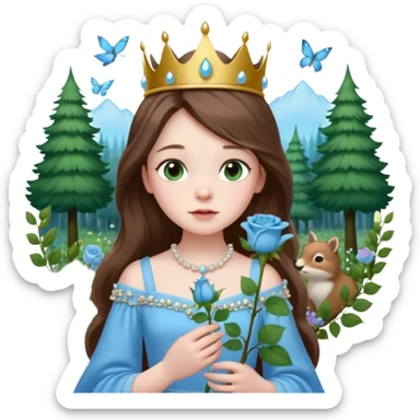 a 12 year old girl with shinny long brown hair and pretty green eyes with pale skin wearing a sky blue gown in a beautiful forest with adorable animals and stunning roses and lilacs surrounding her as she smells the only sky blue rose she is also wearing a crown that has pearls sticker