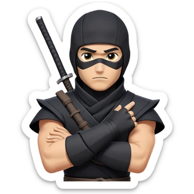 clash-of-clans-aesthetic_-cinematic-mysterious-male-ninja-portrait-emoji, rendered in a flat, vector-style with minimal shading and bold, simplified shapes, his arm is stretched out  with a head slightly turned revealing intense, focused eyes. the ninja has his arm out and perched on top of his forearm is  a black crow sticker