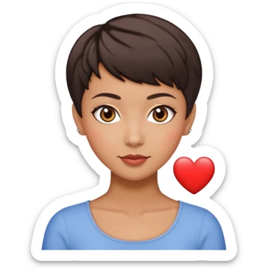 woman pixie cut dark brown hair, tan skin, brown oval eyes, heart shaped face sticker
