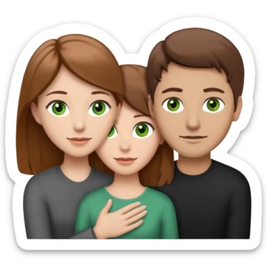 3 people. Throuple. Blank woman with light brown hair and green eye color on left. And also a blank man with brown hair and grey eye color in the middle. And a blank woman with brown hair and grey eye color on the right. Holding each other sticker