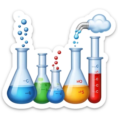 An icon featuring chemical flasks with tubes, representing hydrolysis, along with liquids, powders, and chemical formulas. The design includes molecules and reaction symbols, symbolizing the study of chemical processes and compounds. Transparent background highlights the science of reactions. sticker
