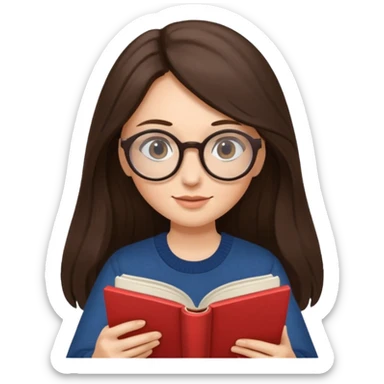 brunette woman with long hair and round glasses, reading a book sticker