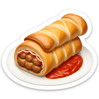 cinematic-realistic-sausage-roll-dish-emoji,-depicted-with-a-crisp,-golden-pastry-wrapped-around-flavorful-sausage,with a squeeze of tomatoe sauce on top sticker