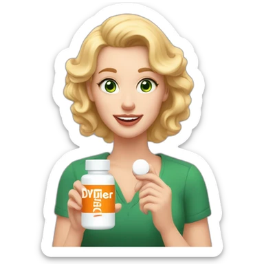 White woman with green eyes, ligth pink lips,pronunciate checks,  blond semi curly hair, big teeth,  holding a white pill bottle in hand with a label that says diviher in orange letters sticker