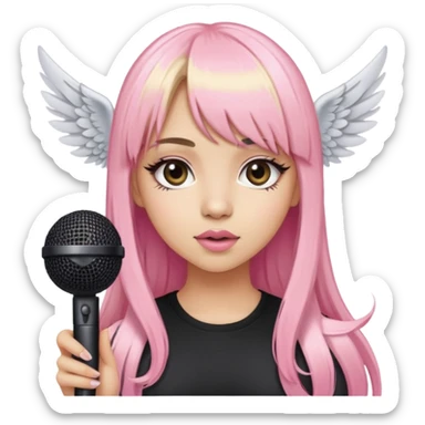 Light skin girl with winged eyeliner and long half pink half blonde with bangs and a microphone sticker