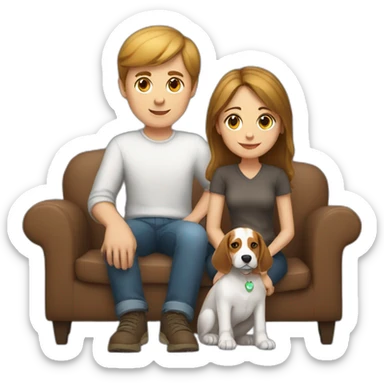 Brown hair White boy and girl with beagle Sit on couch sticker