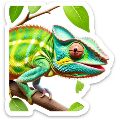 cinematic giant-tongue out chameleon-realistic emoji, mouth wide open with tongue out catching prey, -blending-with-vibrant-greenery.-detailed-scales-in-shifting-colors,-showing-the-chameleon’s-ability-to-camouflage.-soft-natural-light-highlights-its-texture.-light-background, zoomed into its face sticker