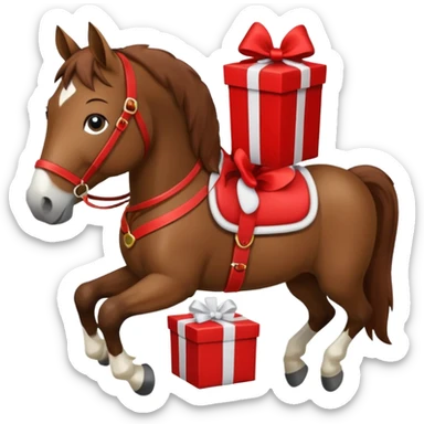 a New Year's horse with a red saddle, which has a red gift box with a white bow on the saddle sticker