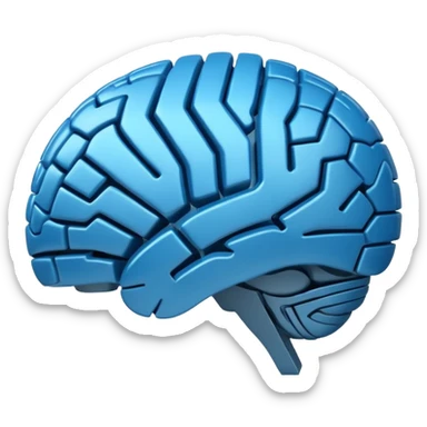 3D blue style icon representing artificial intelligence, stylized brain with digital circuit patterns, futuristic and clean, no text/letters/acronyms. No background. sticker