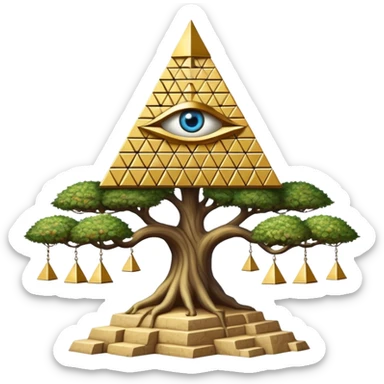 Annunaki tree from Garden of eden, that is actually a ancient tech antenna with illuminati all seeing eye in traingle symbol at the top and with little pyramids hanging like apples sticker