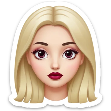 White girl with oval face, huge round black eyes, big eyelashes, berry colored lips, shiny full lips, face closeup, long straight middle-parted hair sticker