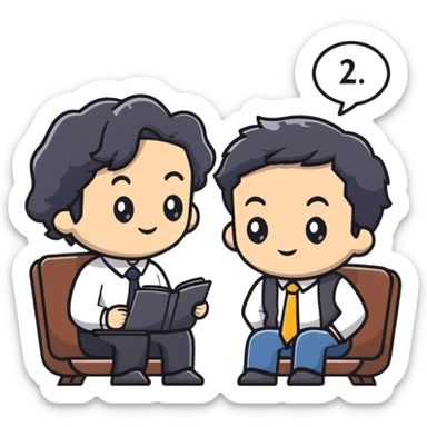 Management educator with black wavy hair, stubble, strong features, white skin, smart casual attire, sitting with a young professional, providing career guidance and mentorship, thoughtful listening expression sticker