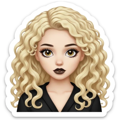 Pale split dye brunette/blonde, baddie, pretty makeup, black eyeliner, long and curly hair sticker