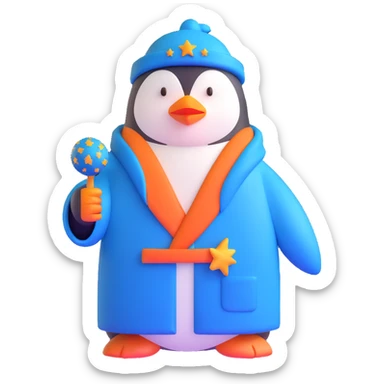 penguin wizard with a blue robe and starry hat sticker