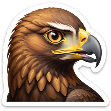 Cinematic Noble Golden Eagle Portrait Emoji, Poised and majestic, with a powerful, broad build, regal hooked beak, and piercing, intense eyes set against richly golden-brown plumage, Simplified yet sharp and sophisticated features, highly detailed, glowing with a soft, amber radiance, high shine, intelligent and commanding, stylized with an air of aerial supremacy, focused and determined, soft glowing outline, capturing the essence of a watchful and confident golden eagle that appears ready to soar out of the screen with effortless authority! sticker