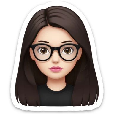 A Girl with dark straight long hair, divided in the middle hairstyle. white skin, black coloured eyes, wearing a black shirt and a tortoise framed glasses. Her mounth is light old pink. sticker