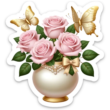 Realistic aesthetic bouquet of roses. Three white and three light pink in a pearl vase and a beige bow with gold decoration and a butterfly with gold and beige wings sticker