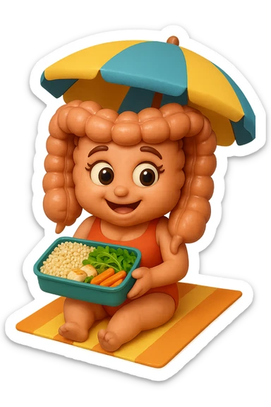 EMOJI STILE IPHONE DI INTESTINO DONNA CON COSTUME INTERO IN SPIAGGIA SEDUTO SU UNA SPIAGGINA SOTTO L'OMBRELLONE CON IN MANO UNA SCHISCETTA DI Insalata di quinoa e pollo con rucola e carote, iperrealistica 4k sticker