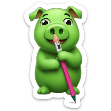 green piggy holding a pencil sticker