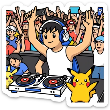 Hot handsome 6ft ash ketchum without a shirt, being a DJ in a zoom meeting for a bunch of pokemon sticker
