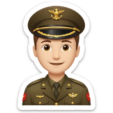 man with short brown hair and fair skin (without a mustache), wearing a brown military uniform, smiling."
 sticker