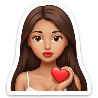tanned beautiful girl with pump lips and brunette straight long hair showing heart sticker