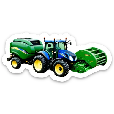 Baler – New Holland Roll-Belt 560 (2018) – Cinematic-realistic John Deere 6155M tractor towing a New Holland Roll-Belt 560 baler, its deep green body contrasting with the bright blue baler. The massive machine moves steadily through golden fields, compressing freshly cut hay into tight round bales, while dust swirls under the blazing afternoon sun. sticker