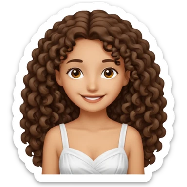 Light tanned skin girl with dark brown very long curly hair, dark eyes, white dress sticker