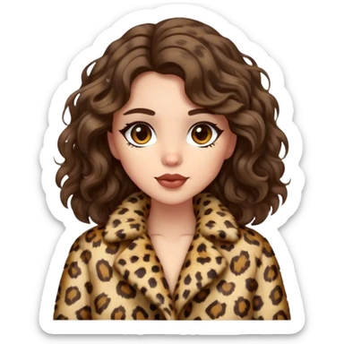 Brunette girl with wavy hair in leopard fur coat  sticker