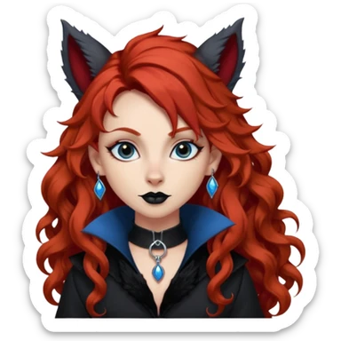  long curly red hair (darker), red pointed ears with black trim, black goth outfits, body and face human, blue eyes, more pointy chin, black lipstick, one big fluffy red squirrel tail with black tips, like the attached photo with more outfits and poses,  sticker