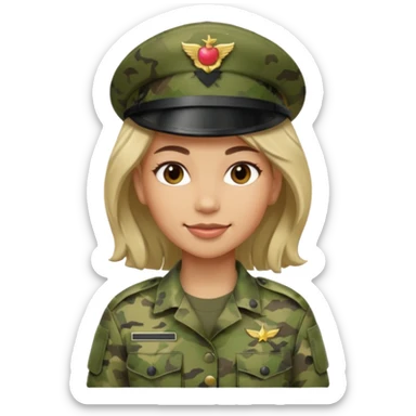 Female soldier emoji in Apple style, no cap/helmet, bust portrait, gentle smile, generic camo, hair visible, soft gradients, transparent PNG sticker