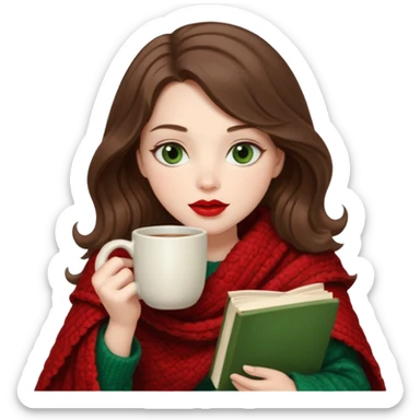 Long wavy brown haired, white skinned, dark green eyed girl with red lipstick wrapped in a blanket, sipping tea and reading a book sticker