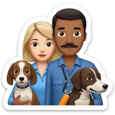 Quiero a una mujer blanca  con el pelo por el hombro lacio castaño claro con un hombre morochito con el pelo negro y bigote, y un perro blanco tipo perro cabeza de martillo sticker