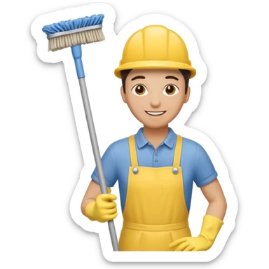 Custodian with yellow rubber gloves, mop sticker