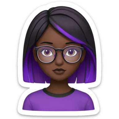 chica bonita con ligero cabello negro con rayas moradas que llega hasta los hombros con lentes cuadrados de estatura pequeña con ropa negra con otro estilo de cabello sticker